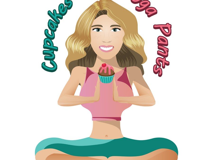 A cartoon image of a woman in yoga pants with a cupcake