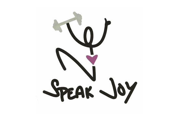 A stickman drawing with a dumbbell and the text “Speak Joy”